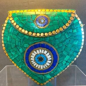 RAMLA HANDMADE Green Mosaic Clutch with Blue, Gold & White Accents NWOT Designer